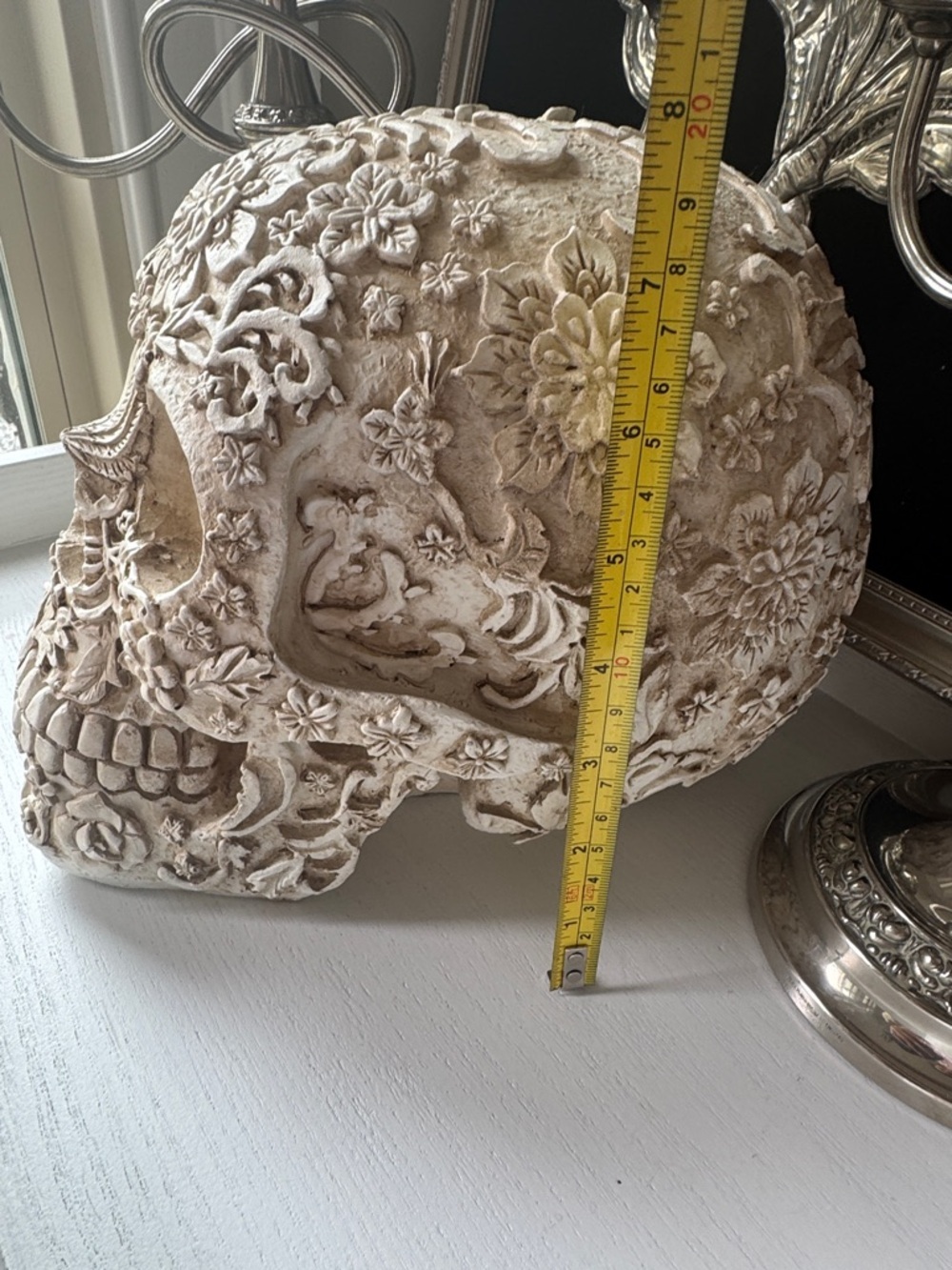 Ornate Floral Carved Skull Accent - Cream Decorative Sculpture - Picture 5 of 6
